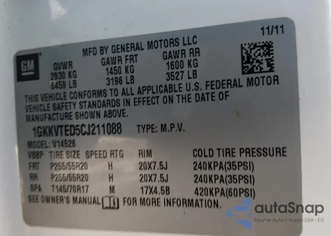 2012 GMC Acadia Denali z USA, uszkodzony, nr VIN 1GKKVTED5CJ211088